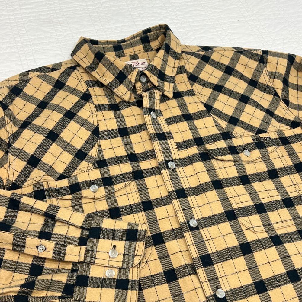 Filson Mens Large Yellow/Tan Black Buffalo Check Plaid Flannel Button Down Shirt